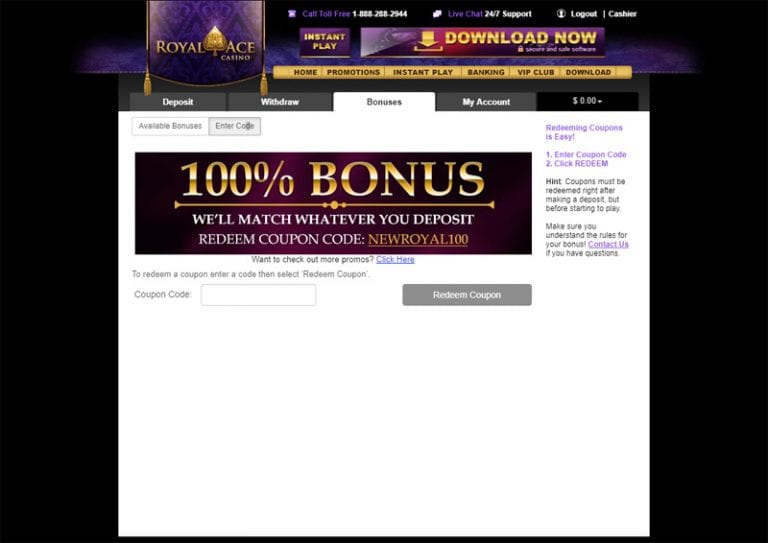 active royal ace casino free spins code